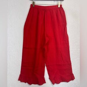 FLAX Pants Small Capri Red Hanky Linen "Shirred Bloomers" w/ Ruffles at Hem